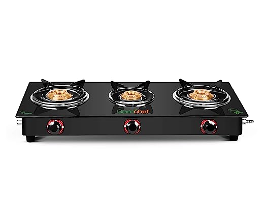 GREENCHEF Ebony 3 Burner Glass Top Gas Stove (Black), Manual Ignition GREENCHEF Ebony 3 Burner Glass Top Gas Stove (Black), Manual Ignition